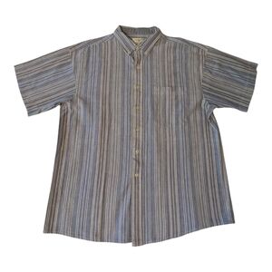 90s American Weekend Cotton Blue Gray Striped Button Collar SS Shirt Men's XL